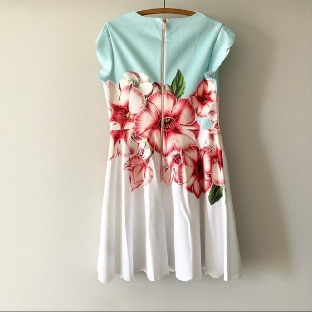 Ted Baker Aqua Bodice White Floral Midi Dress with Pink Flowers - Picture 10 of 12